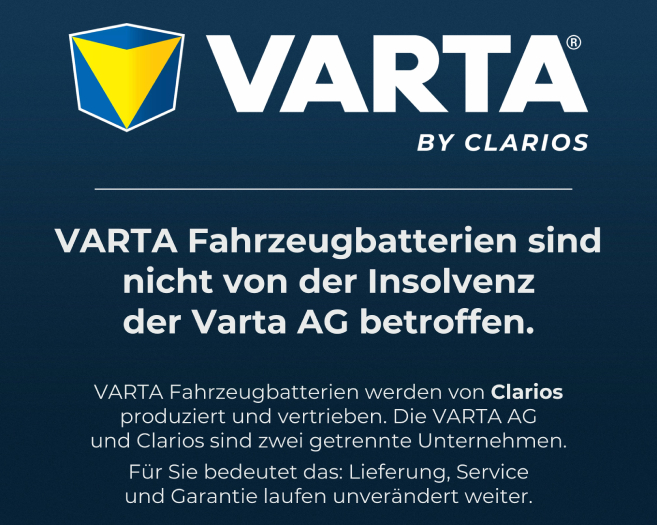 VARTA Fahrzeugbatterien sind nicht von der Insolvenz der VARTA AG betroffen