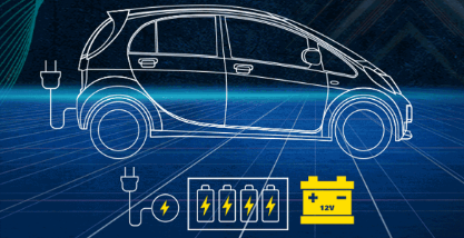 Graphic of Electric vehicle, high-voltage battery, plugs and 12V battery