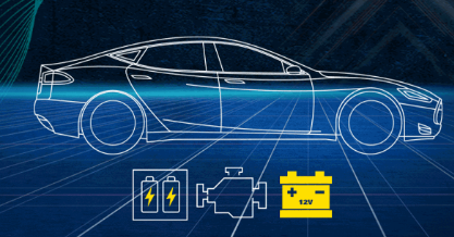 Graphic of hybrid electric vehicle with engine, battery system and 12V battery