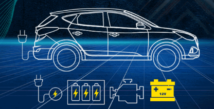 Graphic of plug-in hybrid electric vehicle, charging plug, battery pack, engine and 12V battery
